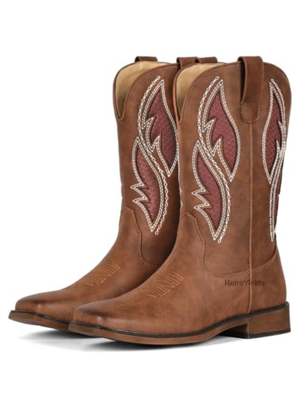 IUV Cowboy Boots Women Square Toe Faux Leather Mid-Calf Western Boots